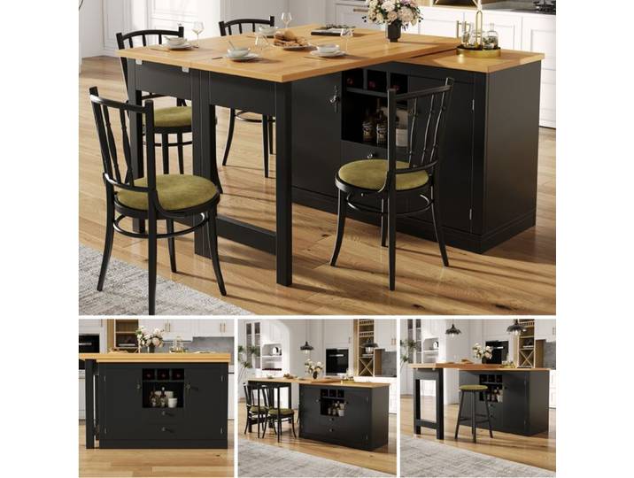 Buffet Bar Extensible Noir Naturel Table Bar Rotative FloraGrace Pour Salon Avec Rangements 120-180x40x76cm