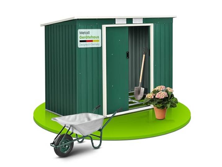 Juskys Metalen gereedschapsschuur M 4 m³ met fundament, 213 x 130 x 173 cm, gereedschapsschuur met lessenaarsdak en schuifdeur, stalen tuinhuis, tuinhuis, tuinschuur, groen
