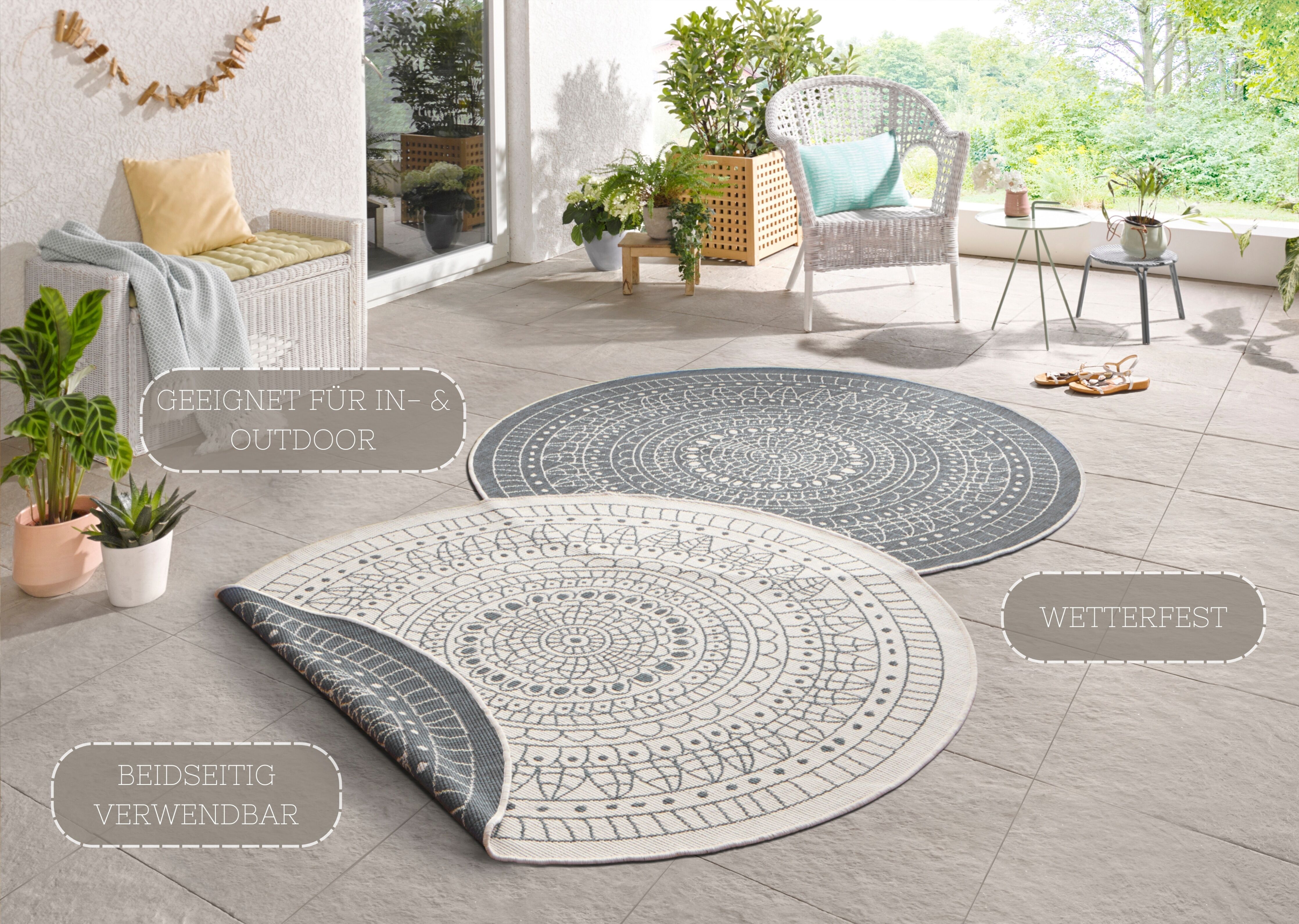 Teppich HANSE HOME "Porto Wendeteppich", grau, H:5mm Ø:240cm, Kunstfaser, Teppiche, Teppich, In-& Outdoor, Wetterfest, Balkon, Garten, Wohnzimmer, Wasserfest grau Ø 240cm 1 Stk., 5mm, Ø 240cm