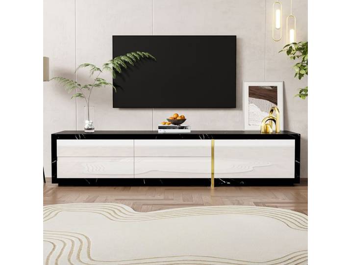 Meuble TV - KOMHTOM - Design moderne - Extensible 140-260 cm - Rotatif - Blanc brillant & marbre noir
