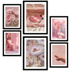 POSTER Set Mit 6 Dekorative Kunst, Rosa A3 & A4 Schwarzer Rahmen