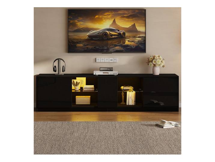 Merax TV-Schrank hochglanz TV-Schrank mit LED-Beleuchtung (1-St) Fernsehschrank Fernsehtisch mit 2 Schubladen & Glaselementen,B: 160cm