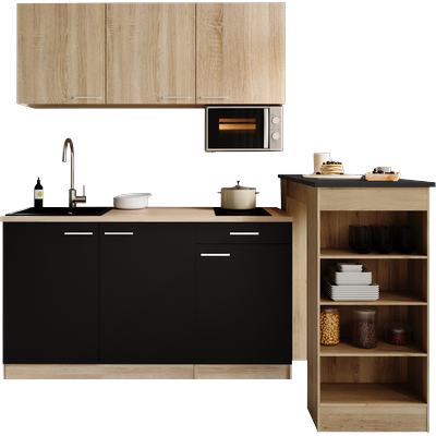 Pantryküche RESPEKTA "Ingrid, inkl. Tresentisch und Mikrowelle", schwarz (küche: schwarz, front: schwarz, eiche nordic, korpus: eiche nordic, arbeitsplatte: eiche nordic), B:150cm H:200cm T:60cm, Komplettküchen-Sets, zerlegt, wahlweise mit...