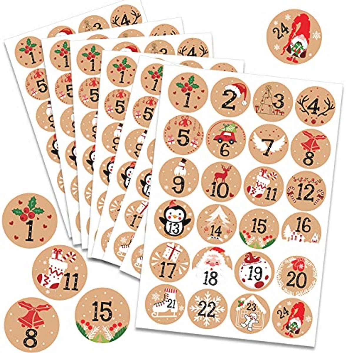 Adventskalender stickers met cijfers 1-24, 192 stuks zelfklevende kraftcijferstickers voor kerstknutselen