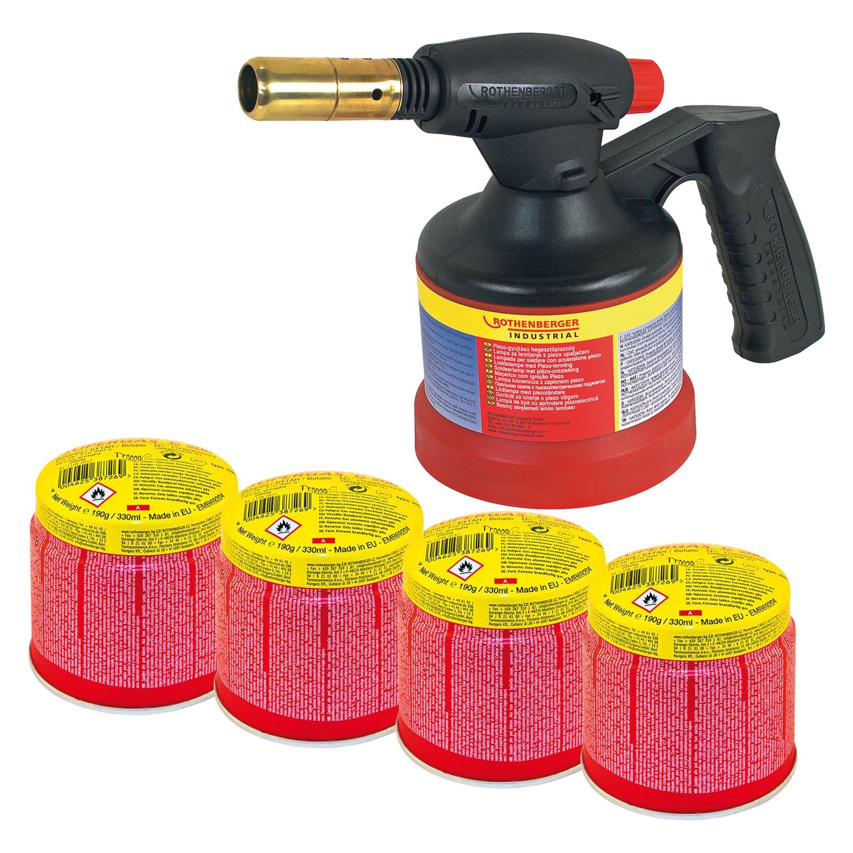 Rothenberger RoFlame Lötlampen Set mit Piezozündung inklusive 4 Stech-Gas Kartuschen mit ILL-Sicherheitssystem (Lötlampe) (1500004104)