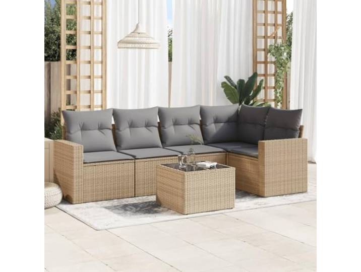 ZQQLVOO 6-TLG. Poly Rattan Sofagarnitur Beige mit Glastisch Modulares Design, abnehmbare waschbare Bezüge, dick gepolsterte Kissen, wetterbeständig