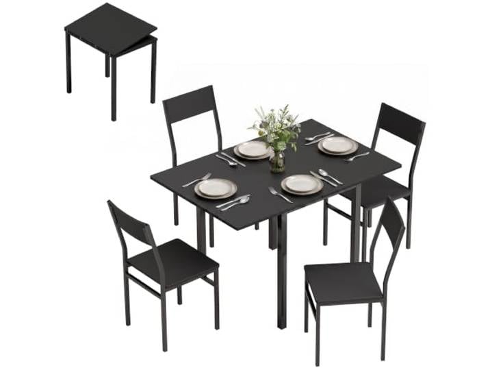 HOMCOM 5-teiliges Esstisch-Set für 2-4 Personen, ausziehbarer Küchentisch 120 cm mit 4 stapelbaren Stühlen, platzsparend, schwarz