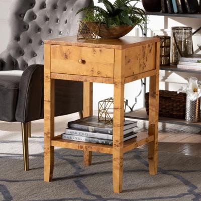 Ghina Modern and Contemporary Natural Light Mappa Real Burl Wood 1-Drawer Nightstand by Wholesale Interiors INC in Burl (Size ONE SIZE)