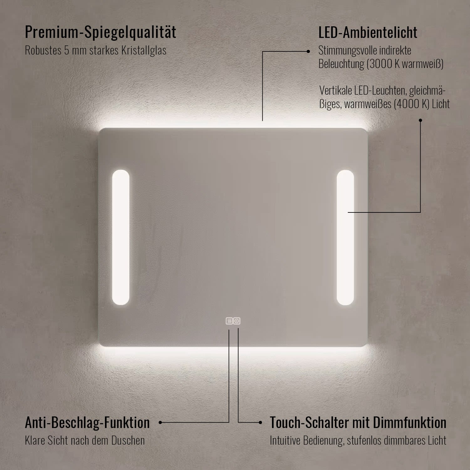 Kronenbach Dream Badspiegel 70 x 65 cm mit Spiegelheizung und LED-Treiber