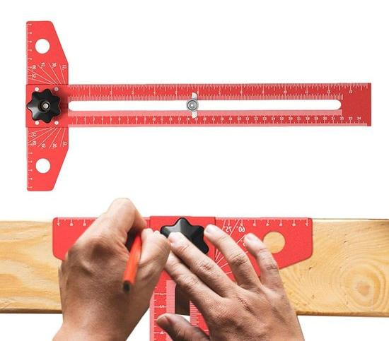 WAN Meetgereedschap T-Liniaal met Schuifhoek voor Houtbewerking - Rood - 42 x 6 cm