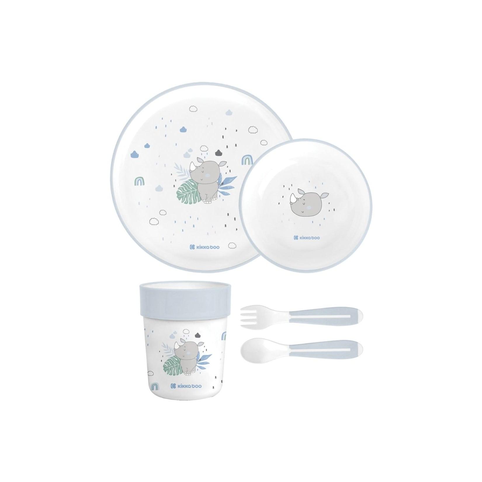 Kikkaboo Kindergeschirr Set Savanna 5-teilig Tiermotiv, Schale, Teller, Besteck hellblau
