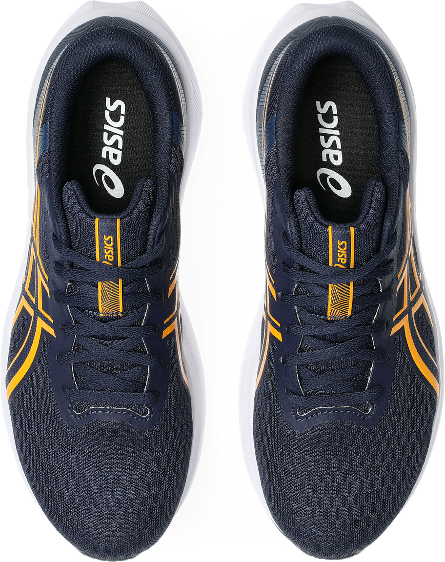 Laufschuh ASICS "PATRIOT 14", Herren, Gr. 46,5, blau (midnight, yamabuki), Synthetik, Schuhe Laufschuh, atmungsaktives Mesh-Obermaterial, Energiegeladene Mittelsohle midnight, yamabuki 46,5