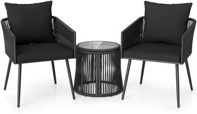 Costway 3-Piece Outdoor Furniture Set with Cushions for Porch Garden-Black