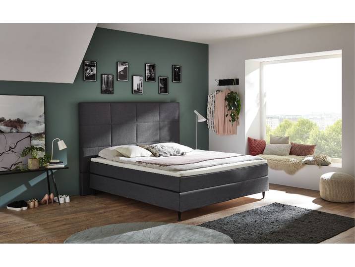 Boxspringbett HOME AFFAIRE Linja , grau (dunkelgrau), B:163cm L:210cm, Komplettbetten, Boxspringbett, mit Hotelbett-Charakter, Komfortliegehöhe und Topper inklusive