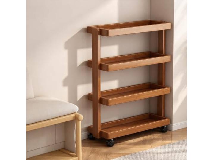 LJWFZBD Schmaler Rollwagen mit 4 Ebenen, Mobiler Regal-Organizer für Küche Platzsparendes Design, Stabile Konstruktion, Mühelose Mobilität, Vielseitig einsetzbar(Walnut Brown,23.6 (60cm)L)