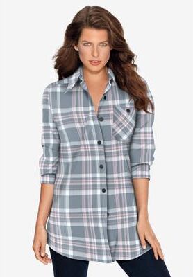 Plus Size Women's Plaid Flannel Tunic by Roaman's in Gunmetal Plaid (Size 18 W) Plaid Shirt