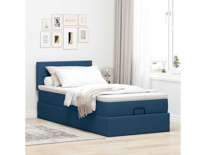 KTHLBRH Boxspringbett blau 100 x 200 cm mit Matratze Hydraulischer Aufzug, Lattenrost, Polyestergewebe, Taschenfedern, Matratzenbezug inklusive