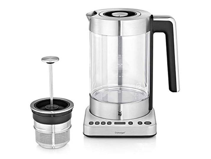 WMF Bouilloire théière 2-en-1 en verre\, Capacité 1\,7 L\, 4 niveaux de température\, Temps d'infusion ajustable\, Inox 18/10 Cromargan\, 3000 W\, Lono 0413160011