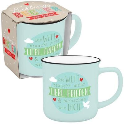 Becher in Emailloptik 'Die Welt braucht mehr Liebe, Frieden & Menschen wie dich'