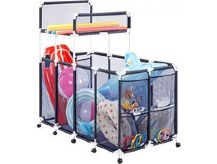 VEVOR Panier Rangement pour Flotteurs Piscine 169x85x165 cm Bac Stockage pour Bouées Piscine en Maille Organisateur à Roulettes pour Jouets Frites de Piscines, avec Poches Latérales, Cadre Plastique