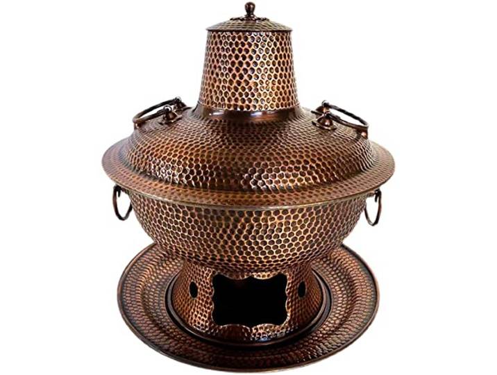 JIZK Traditioneller chinesischer Kupfer Shabu-Shabu Eintopf 34 cm, extra Dicker Holzkohle Fondue handgehämmert für Haushalt und Party