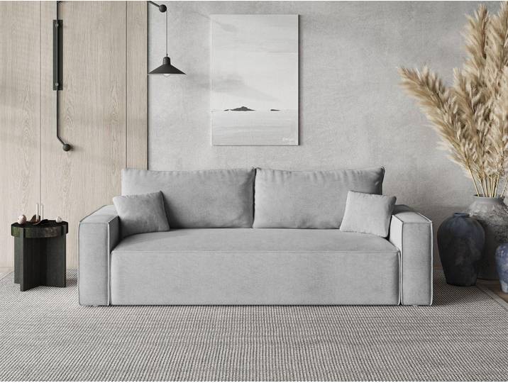 GrainGold 3-Sitzer Sofa Sivra - Gepolstertes Sofa - Moderne Sofa mit Bettfunktion - Wohnzimmer Sofa mit Velvet-Stoff - Hellgrau