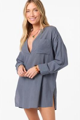 O'Neill s Belizin Long Sleeve Cover-Up Dress in Slate, Size Large