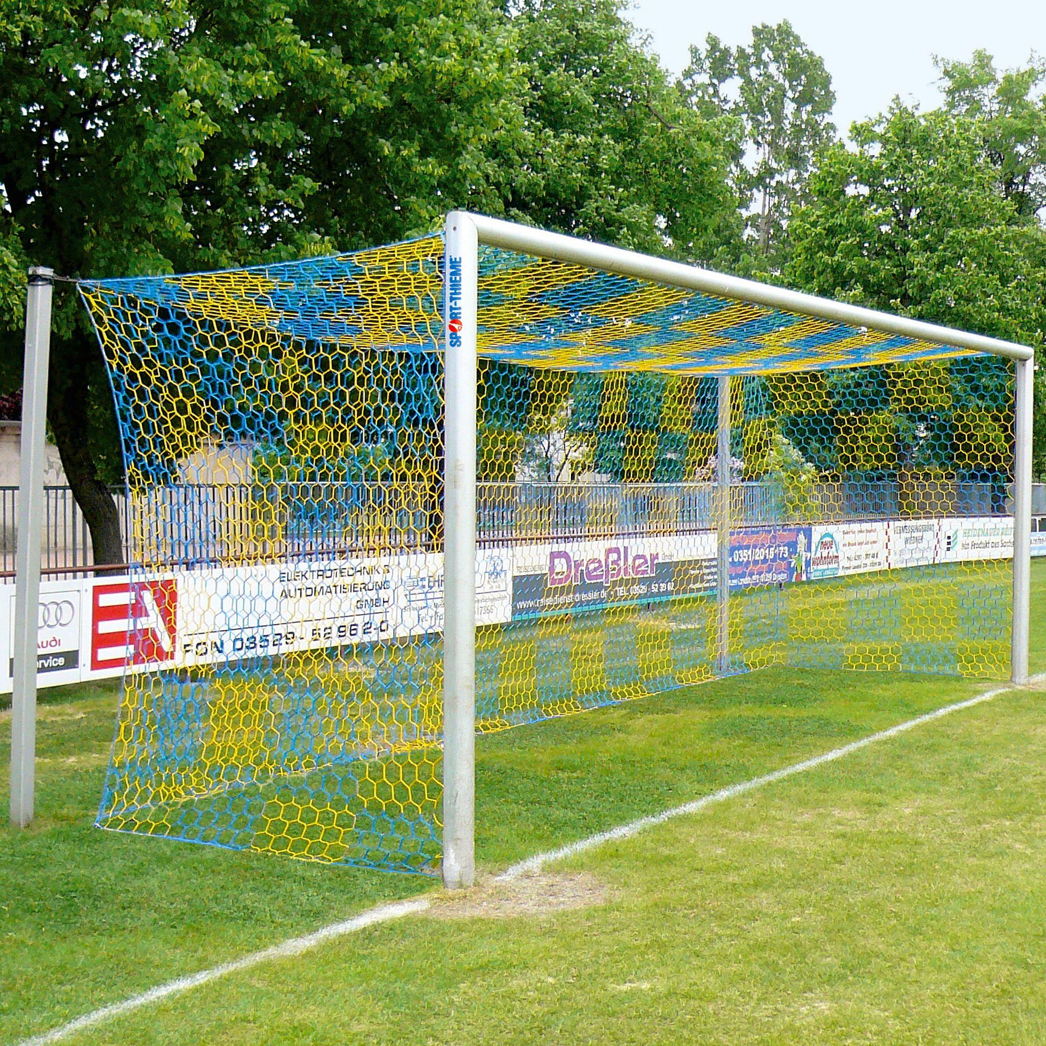 Sport-Thieme Großfeld-Fußballtor in Bodenhülsen stehend, mit freier Netzaufhängung, Alu, Mattsilber eloxiert, Netzhalter
