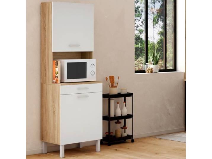 IDMARKET Buffet de cuisine 60 CM CINA 2 portes + tiroir façon hêtre et blanc
