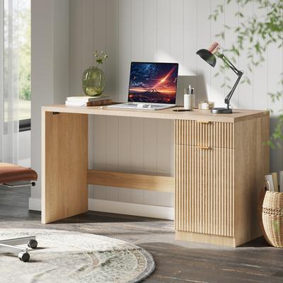 Garvee 60in Modern Fluted Executive Desk with Storage Cabinet, Wood Home Office Desk with Drawers, Computer Writing Table