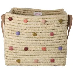 Rice, Aufbewahrungskorb, - Raffia Square Basket with Dots and Leather Handles