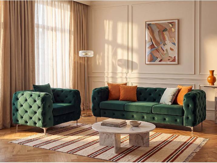 Chesterfield-Sofa 3-Sitzer und Sessel - Samt - Grün - EDWINA