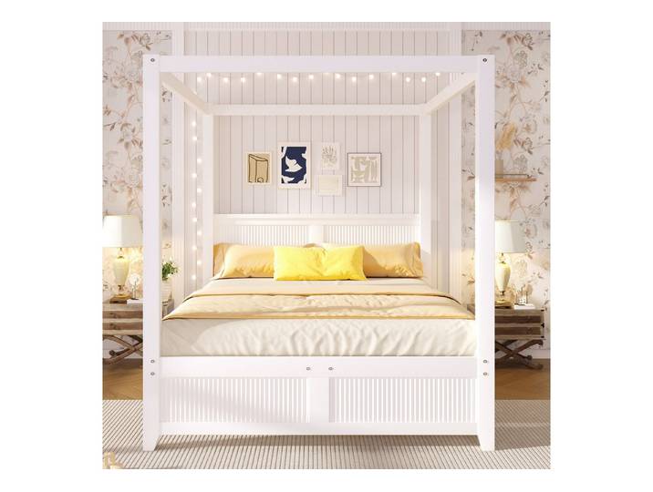 Ulife Himmelbett aus Holz mit dekorativem Dachrahmen, Weiß (2-tlg), 140*200cm