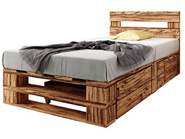 sunnypillow Paletten Bett M2 aus Holz 90x200cm mit Kopfteil, 2 Bett kästen Stabiles Holz Bett Seniorenbett Kinderbett erhöhtes Einzelbett gestell Futonbett Komforthöhe Geflammt
