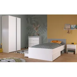 KINDERZIMMER Set 4-tlg. mit Kleiderschrank Kommode Nachttisch und Stauraumbett 90x200