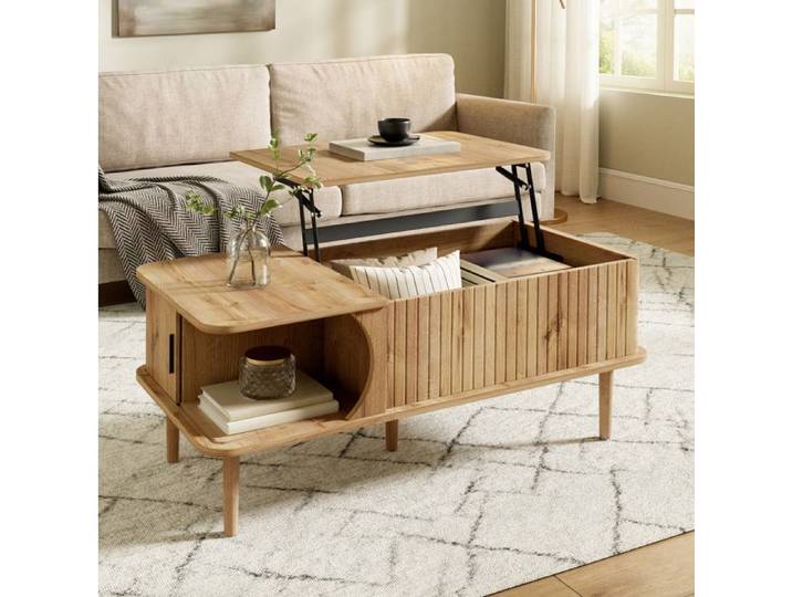 COVREO Table basse relevable 100 x 48 cm porte coulissante rangement intégré MDF couleur naturelle