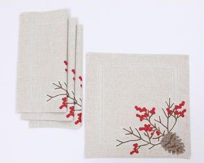 Xia Homefashions Winter Pinecone & Red Berry Embroidered Placemats - Set of 4
