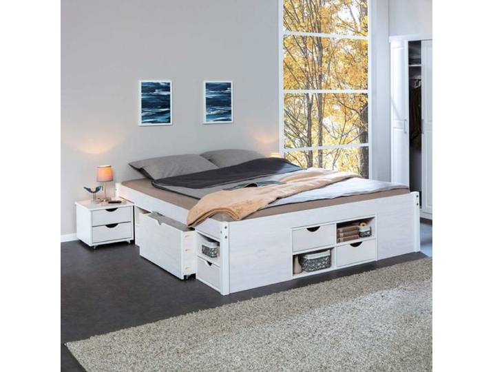 Doppelbett Göteborg Komfort Kiefer Massivholz ohne Kopfteil mit Lattenrost und Schubkasten 180x200cm modern