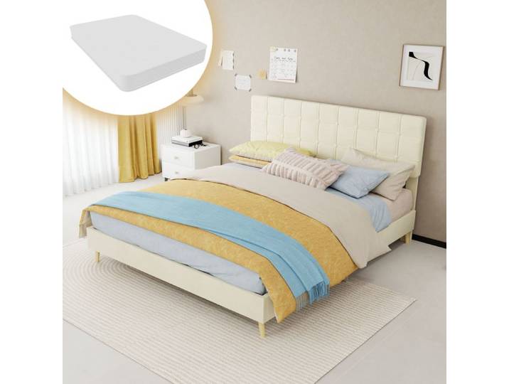 WOVREO Lit double complet 160 x 200 cm beige matelas inclus tête de lit capitonnée quadrillée sommier à lattes
