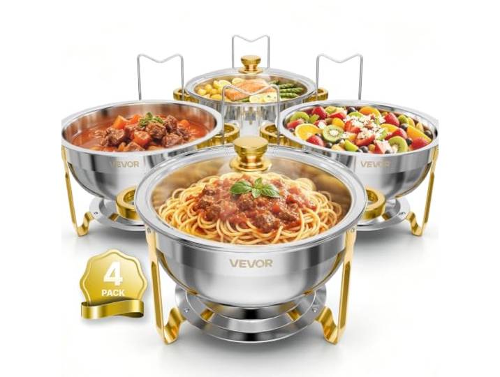 VEVOR Chafing Dish Set für Buffet 4-TLG. 5,68 L Warmhaltebehälter Edelstahl für Hochzeiten, Partys & Familienfeiern, Sichtdeckel, Wasserbehälter, Brennstoffbehälter, Stapelbar für Warme & Kalte Speisen