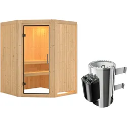 Karibu Sauna Nanja - 68 mm Systemsauna - 230 Volt Plug & Play Klarglas Ganzglastür Ohne Dachkranz 3,6 kW Plug&Play Ofen mit integrierter Steuerung inkl. gratis Zubehörpaket im Wert von 126,96€