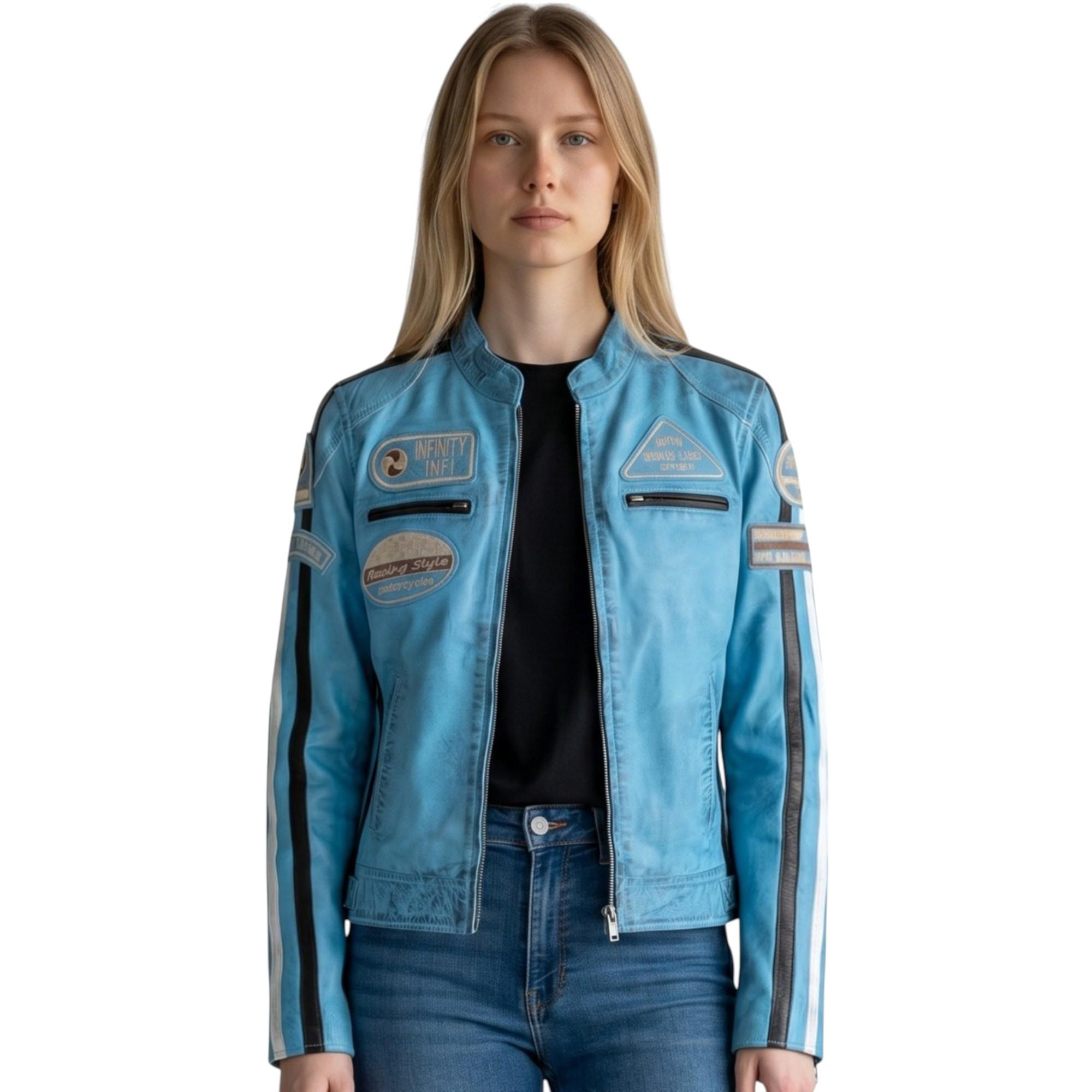 Damen-Biker-Rennabzeichen Blaue Lederjacke-Incheon