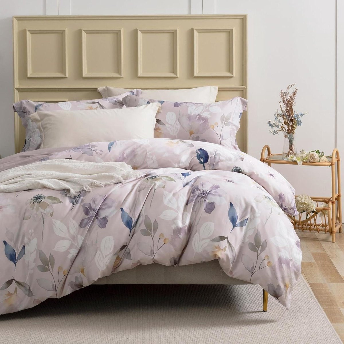 Dekbedovertrek Set Bloemen Blad - Queen Size - 100% Egyptisch Katoen - Lichtroze