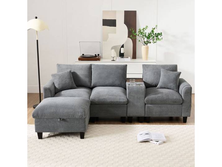 Canapé d'Angle 4 Places 229x149 5x83 cm avec Console USB Porte-Gobelets et Rangement - Velours Côtelé - Gris