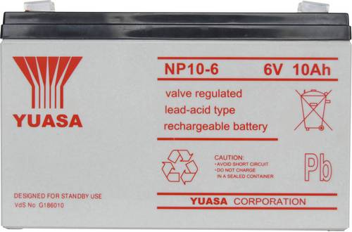 Yuasa NP10-6 NP10/6 Bleiakku 6V 10Ah Blei-Vlies (AGM) (B x H x T) 151 x 97.5 x 50mm Flachstecker 4.8mm Wartungsfrei