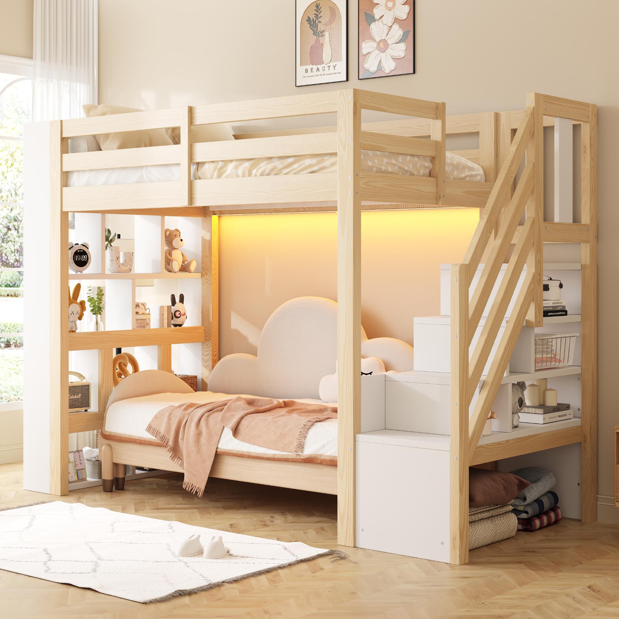 Flieks Etagenbett 90x200 cm mit Treppe, Doppelstockbett mit Ablagebrettern und Sicherheitsgeländer, Hochbett mit LED-Lichte, Natur+Weiß, Holz