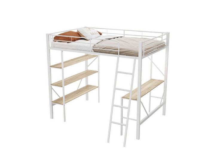 OKWISH Metallbett Bettgestell Eisenbett Hochbett (mit Schreibtisch und drei großen Ablagen, für Kinder, Jugendliche und Erwachsene, 90x200 cm), für Kinder, Jugendliche und Erwachsene