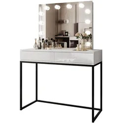 SCHMINKTISCH BLANCO LOFT ELITE mit Spiegel und Beleuchtung Weiß Hochglanz PUSH OPEN