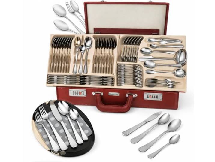 Besteck im Koffer, 72 Teile, 12 Personen, Edelstahl, Gabel, Löffel, Messer SATIN