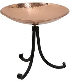 "Achla Designs 14""W Round Polished Copper Plated Stainless Steel Birdbath w/ Black Wrought Iron Tripod Stand"